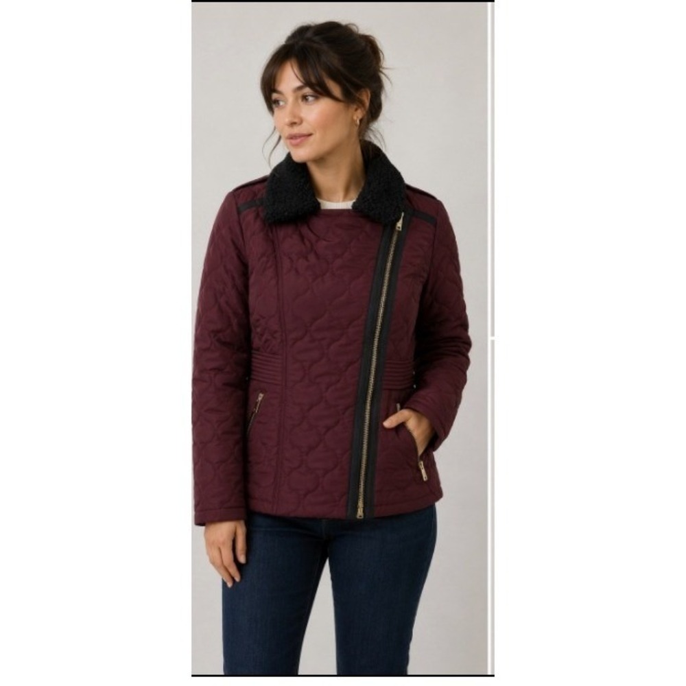 Guess Jacket Womens Small Red Quilted Moto Sherpa Collar Asymmetrical Zip
